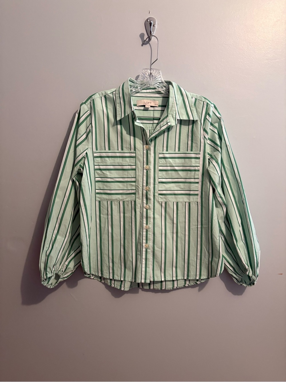 LOFT Green White Striped Button-Down Shirt 3/4 Sleeve 100% Cotton Small Oversize